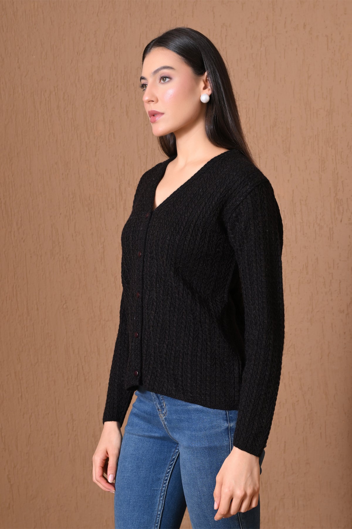Winter Black Textured Knitted Cardigan