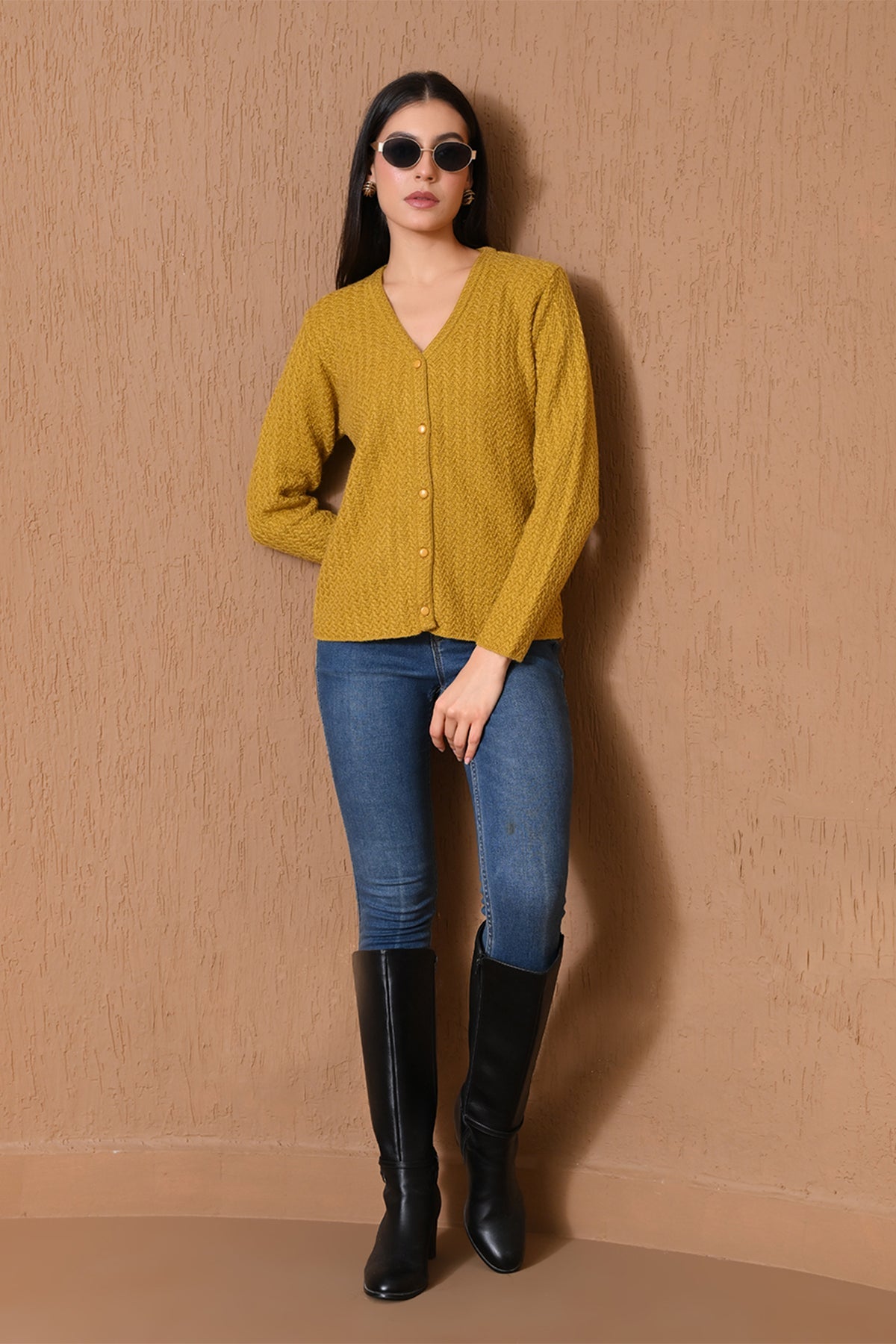 Winter Mustard Yellow Chevron Knitted Cardigan
