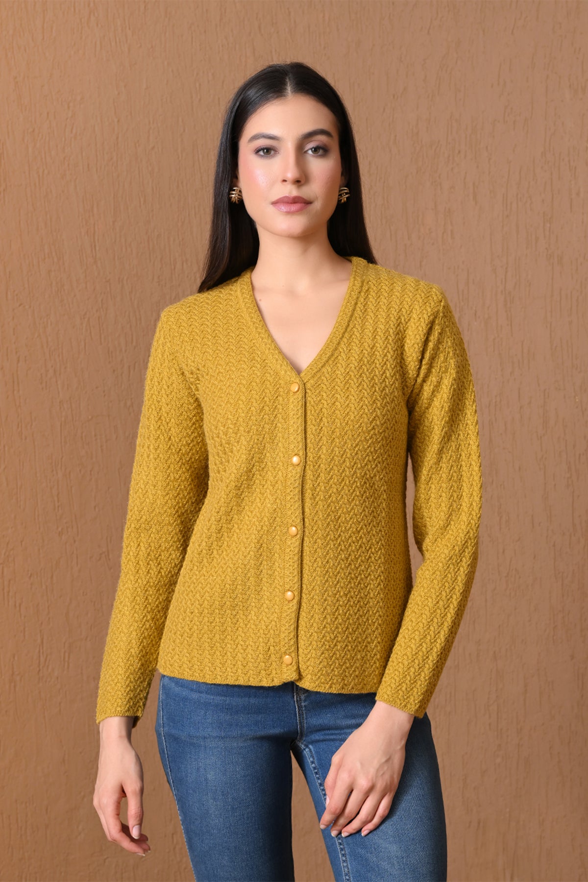 Winter Mustard Yellow Chevron Knitted Cardigan