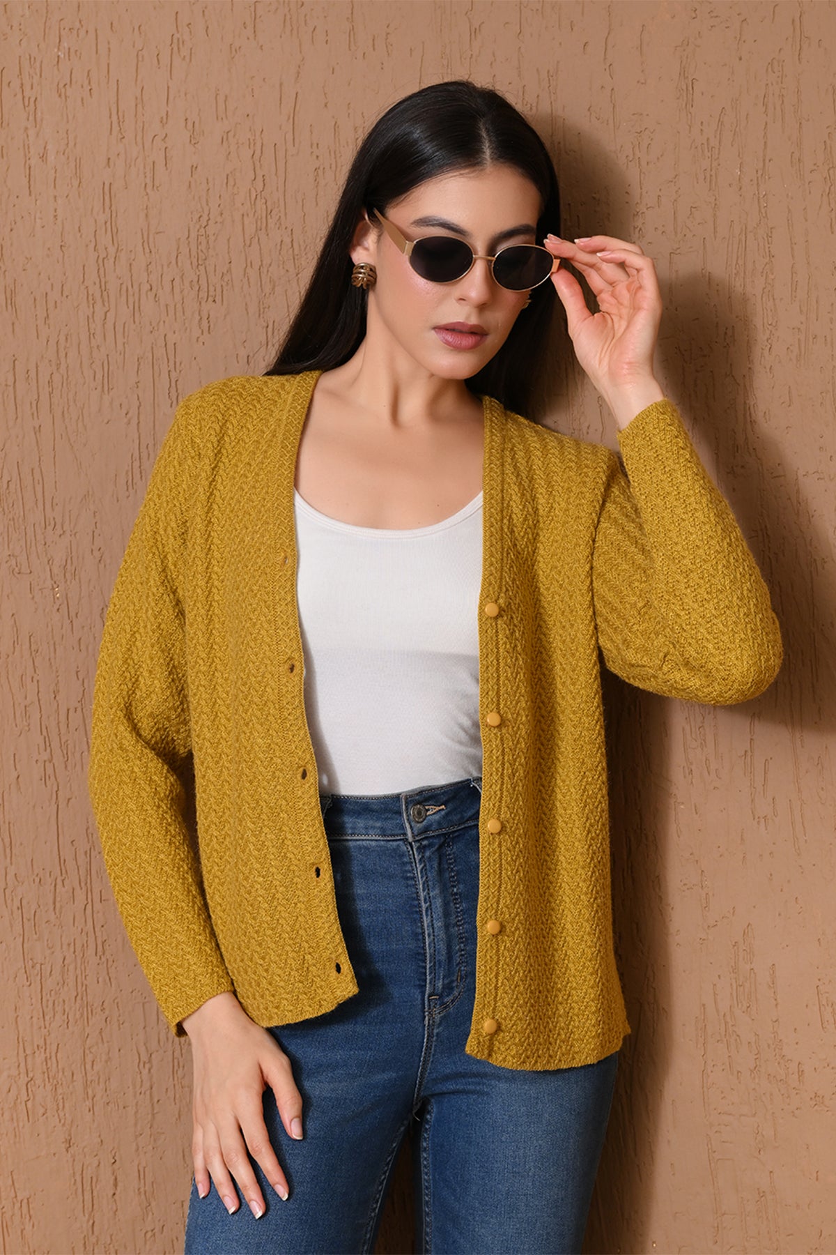 Winter Mustard Yellow Chevron Knitted Cardigan