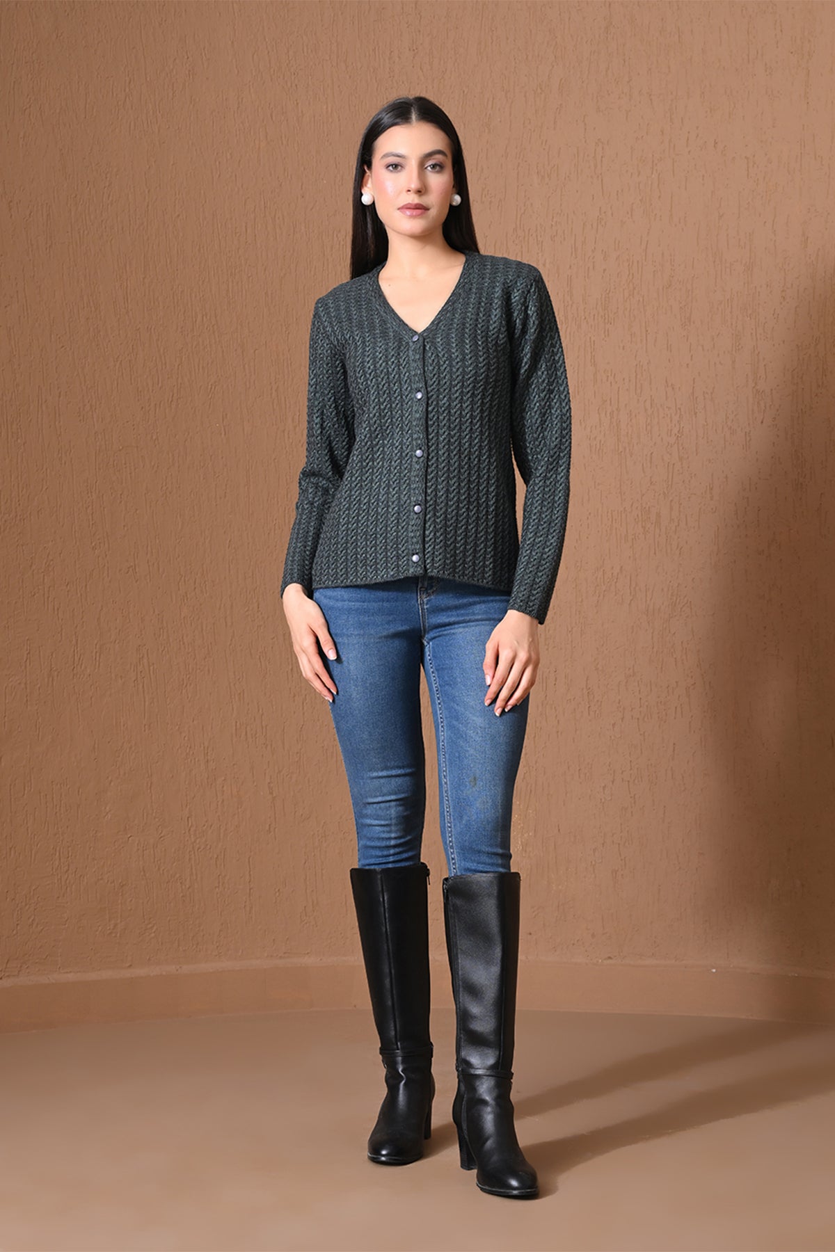 Winter Dark Grey Chevron Knitted Cardigan