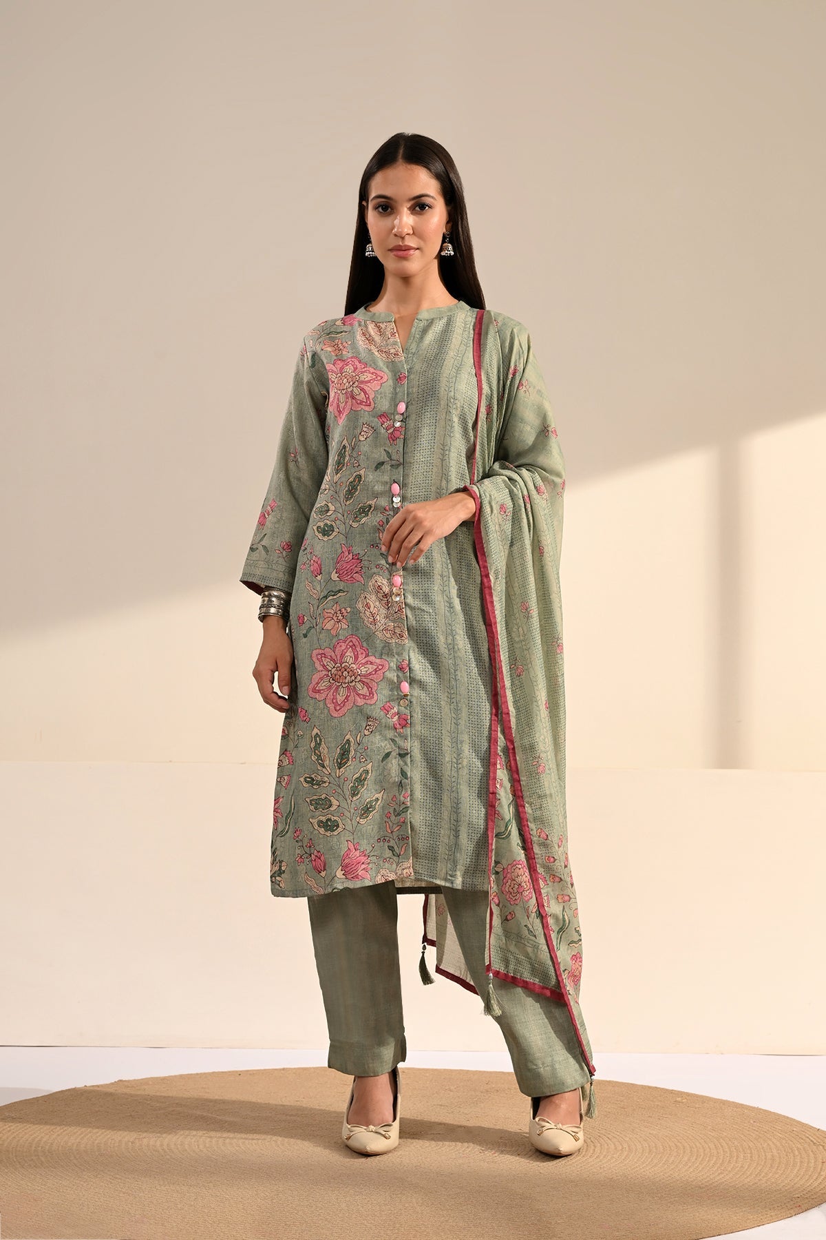 Green Floral Printed 3 Pcs Kurta Set