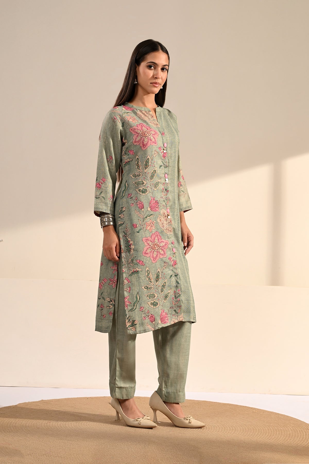 Green Floral Printed 3 Pcs Kurta Set