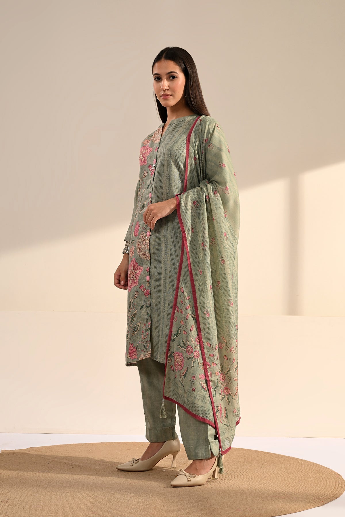 Green Floral Printed 3 Pcs Kurta Set