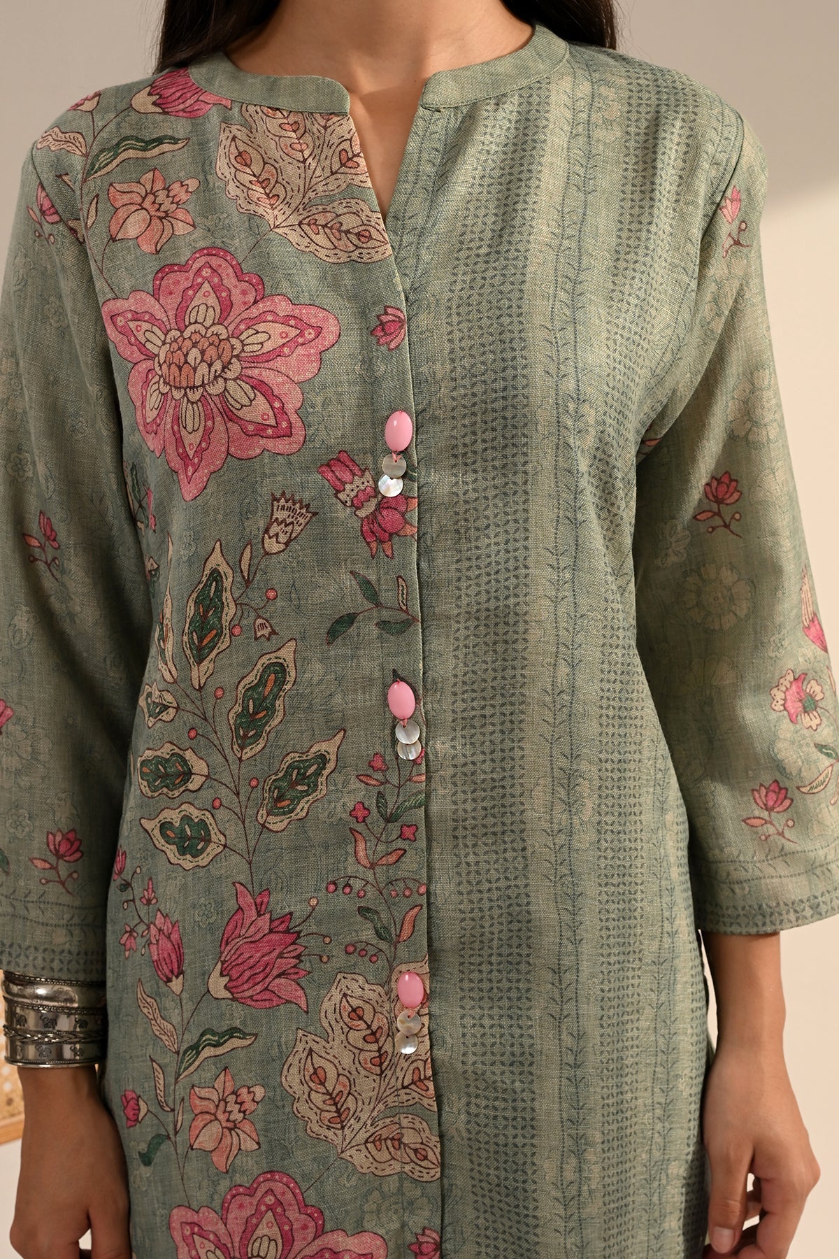 Green Floral Printed 3 Pcs Kurta Set