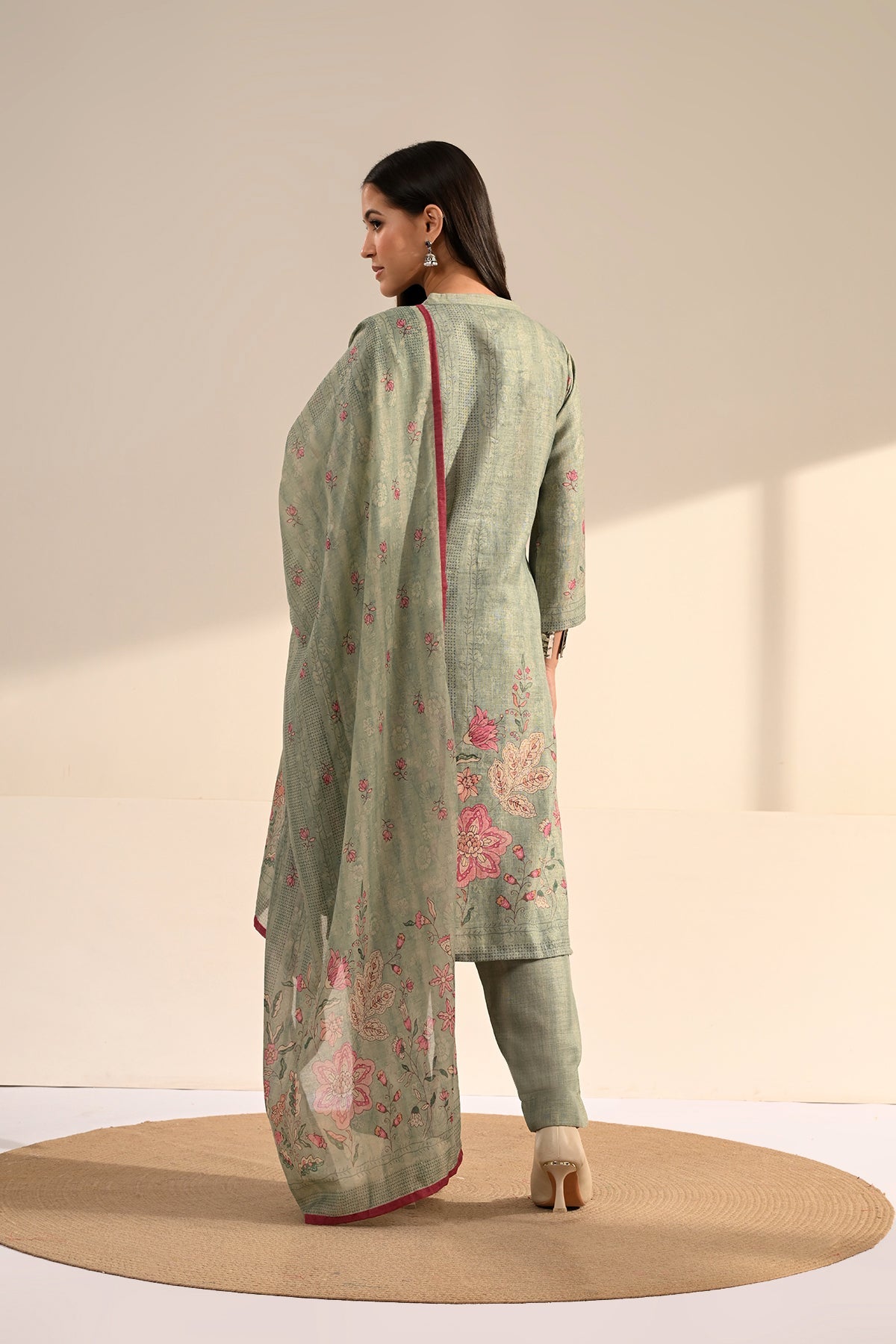 Green Floral Printed 3 Pcs Kurta Set