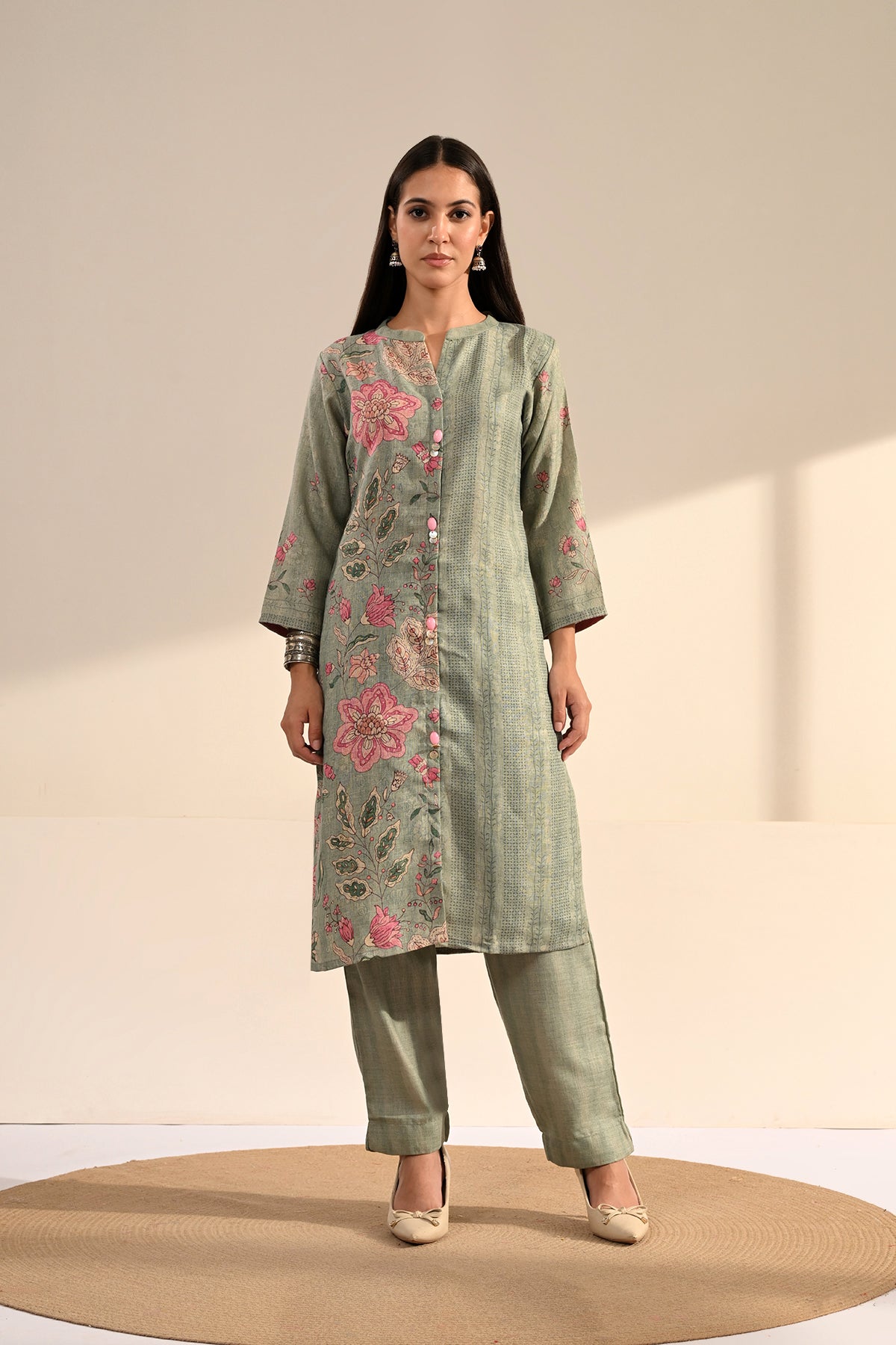 Green Floral Printed 3 Pcs Kurta Set