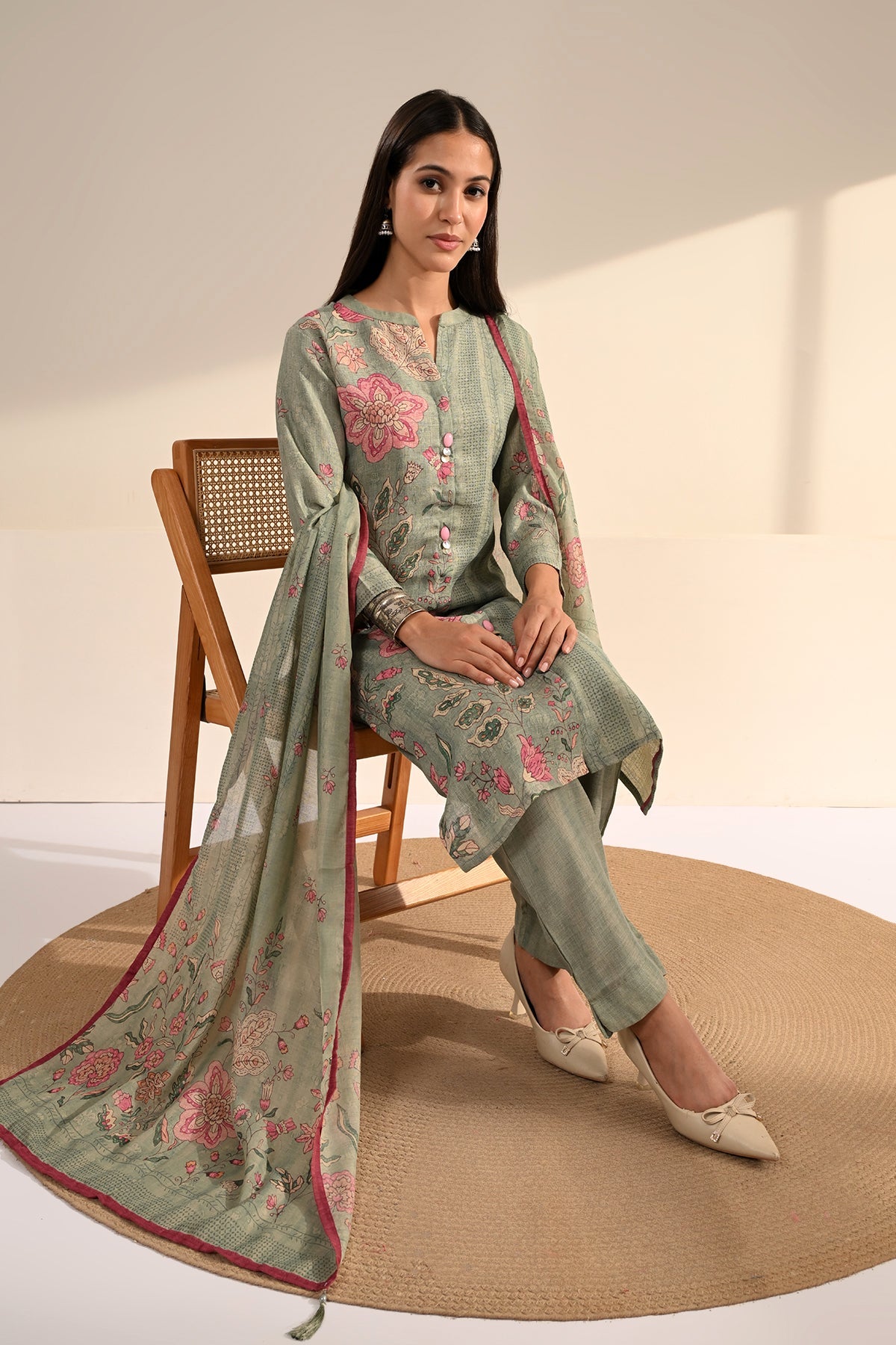 Green Floral Printed 3 Pcs Kurta Set