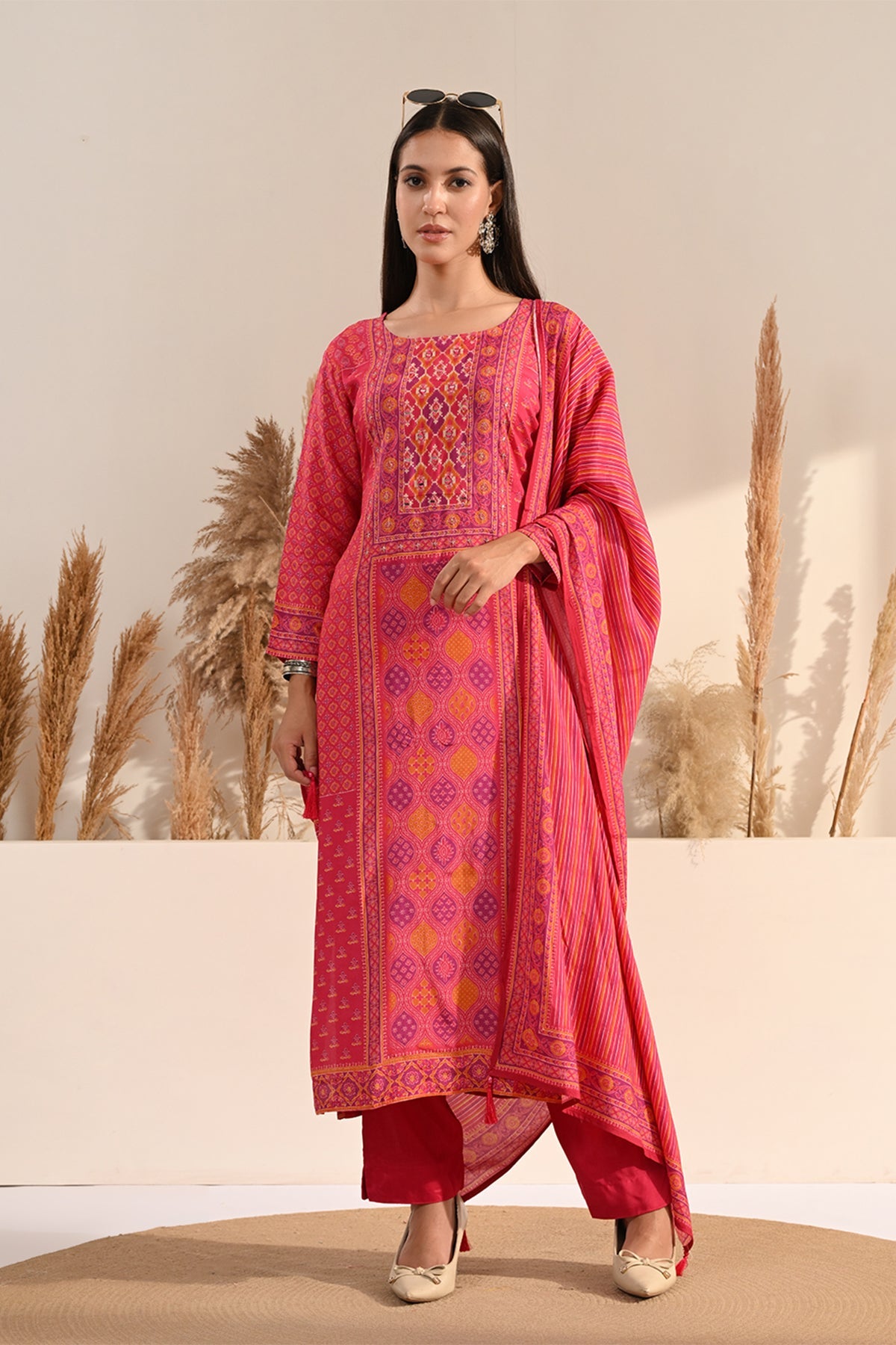 Fuchsia Pink Bandhani Print 3 Pcs Kurta Set