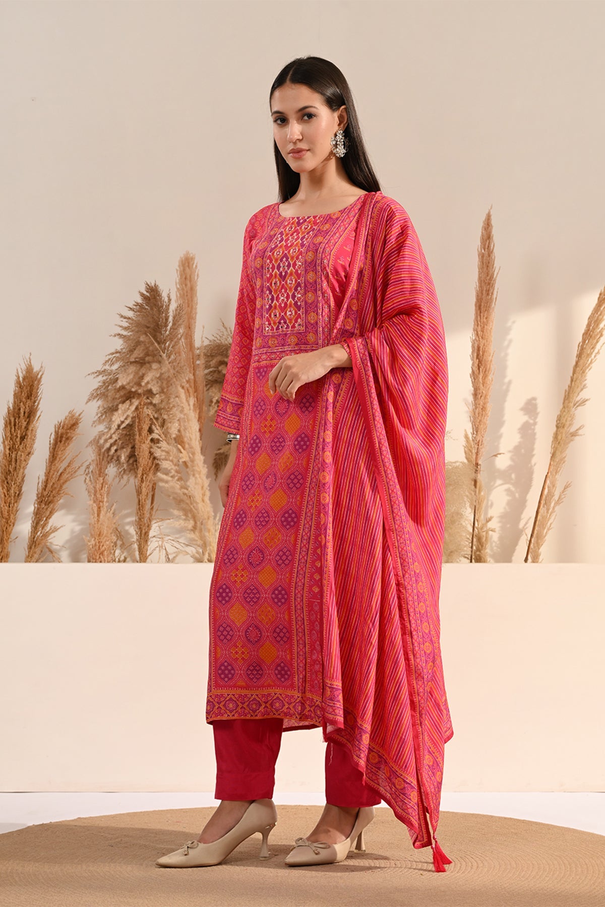 Fuchsia Pink Bandhani Print 3 Pcs Kurta Set