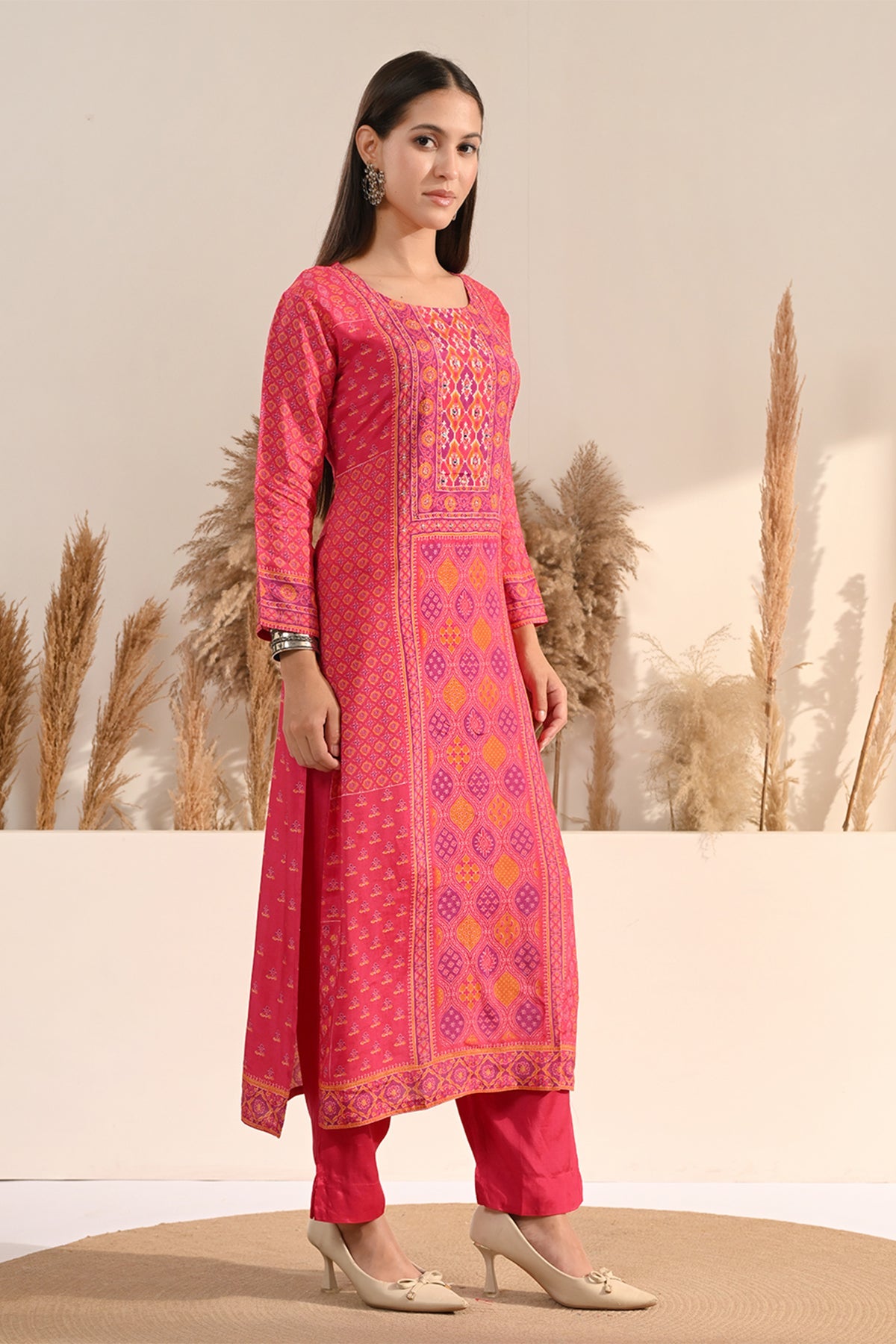 Fuchsia Pink Bandhani Print 3 Pcs Kurta Set