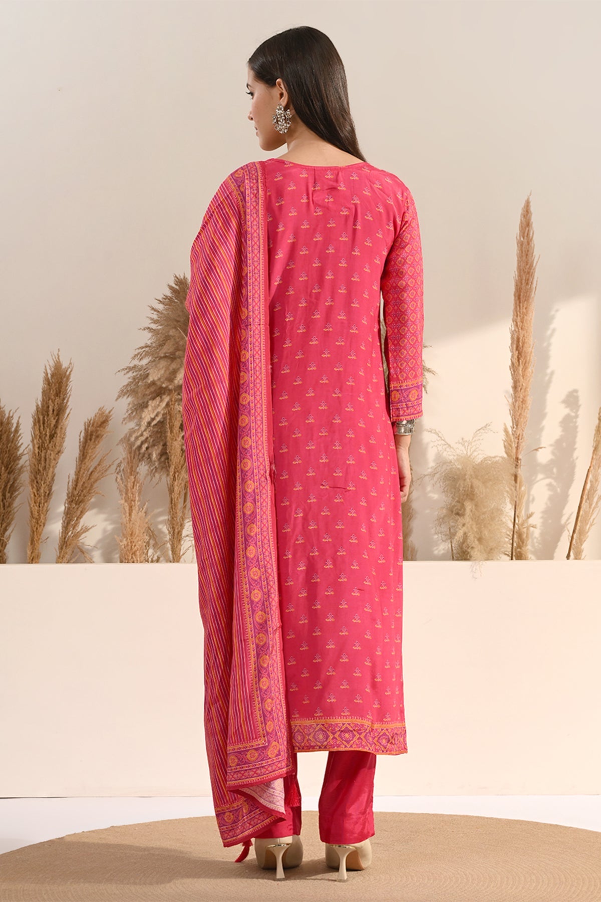 Fuchsia Pink Bandhani Print 3 Pcs Kurta Set
