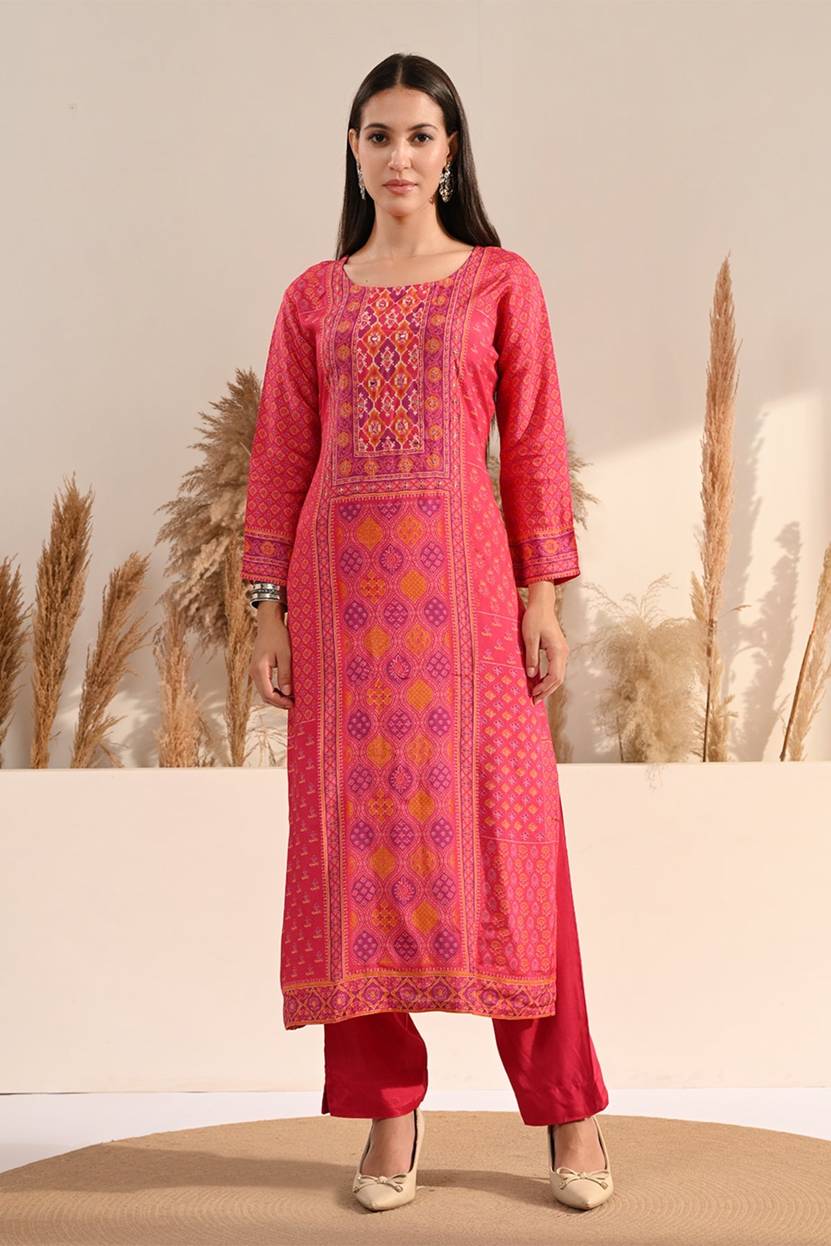 Fuchsia Pink Bandhani Print 3 Pcs Kurta Set