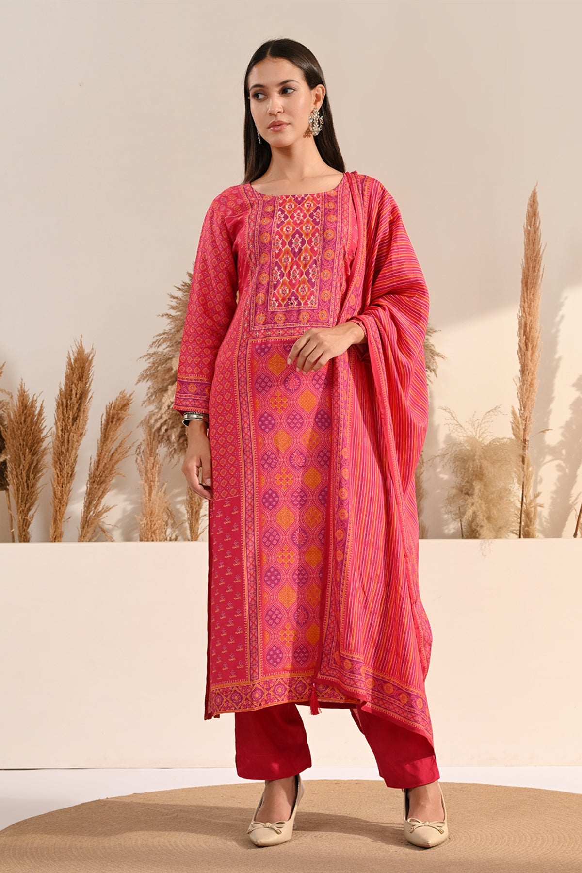 Fuchsia Pink Bandhani Print 3 Pcs Kurta Set