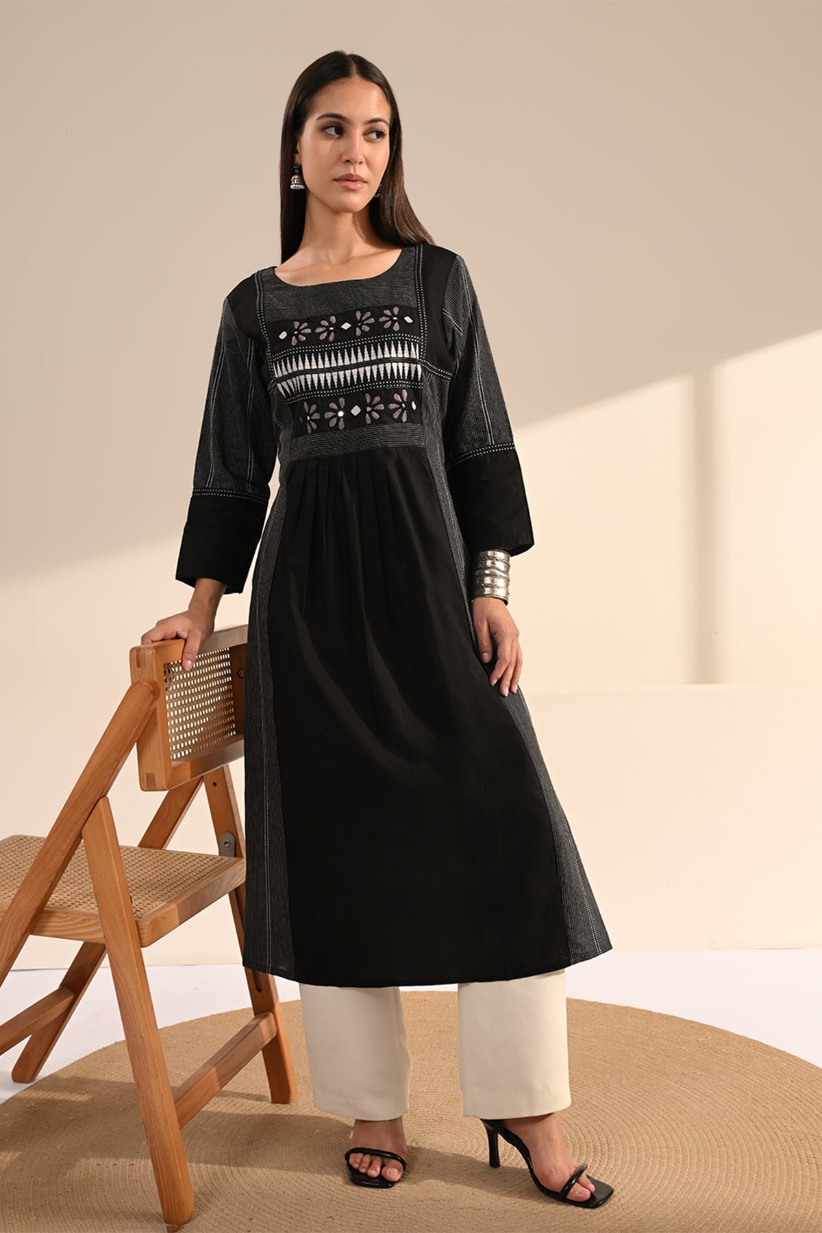 Black Ikat & Mirror Work A-line Cotton Kurta