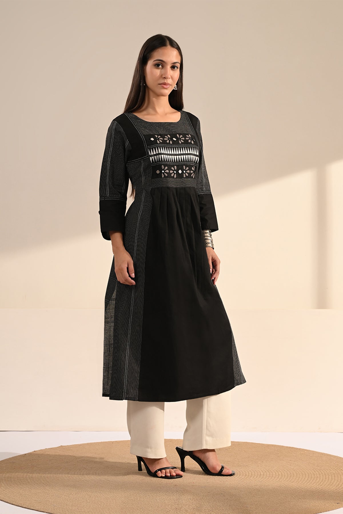 Black Ikat & Mirror Work A-line Cotton Kurta