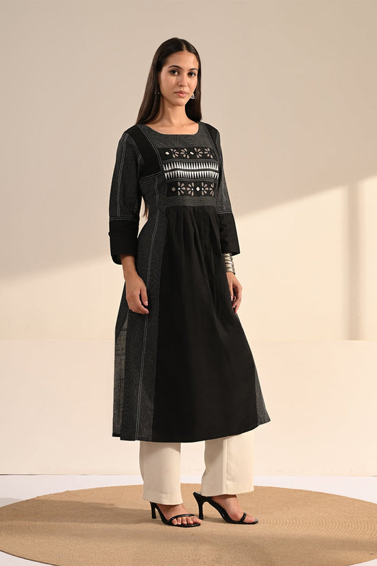 Black Ikat & Mirror Work A-line Cotton Kurta