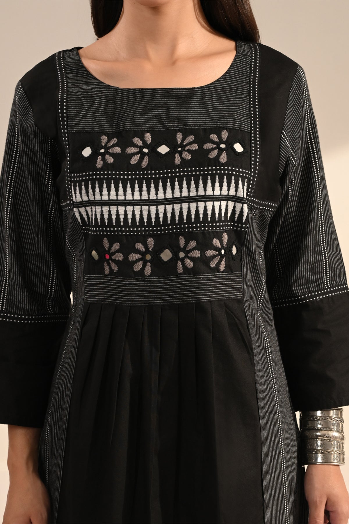 Black Ikat & Mirror Work A-line Cotton Kurta