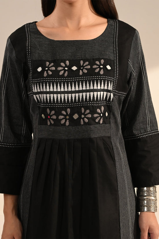 Black Ikat & Mirror Work A-line Cotton Kurta