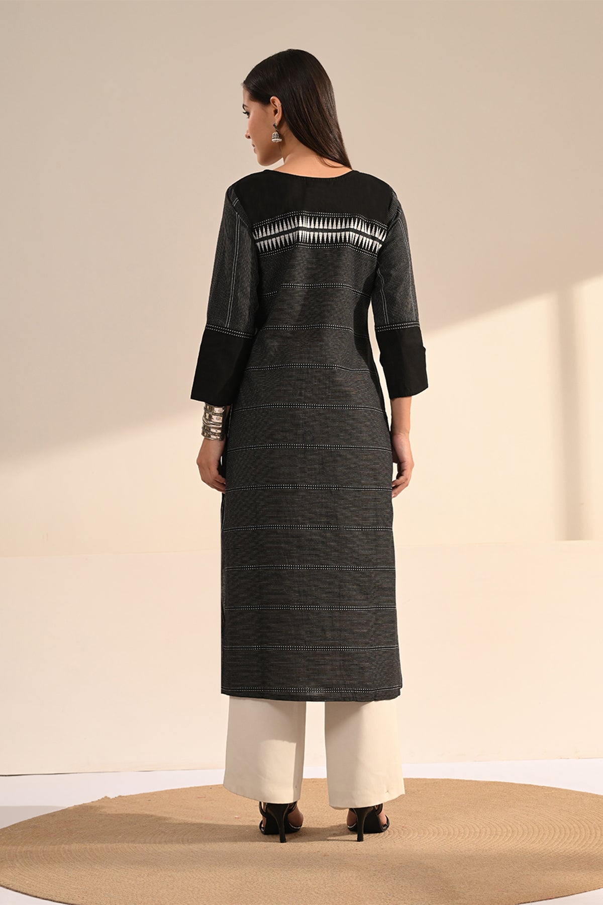 Black Ikat & Mirror Work A-line Cotton Kurta