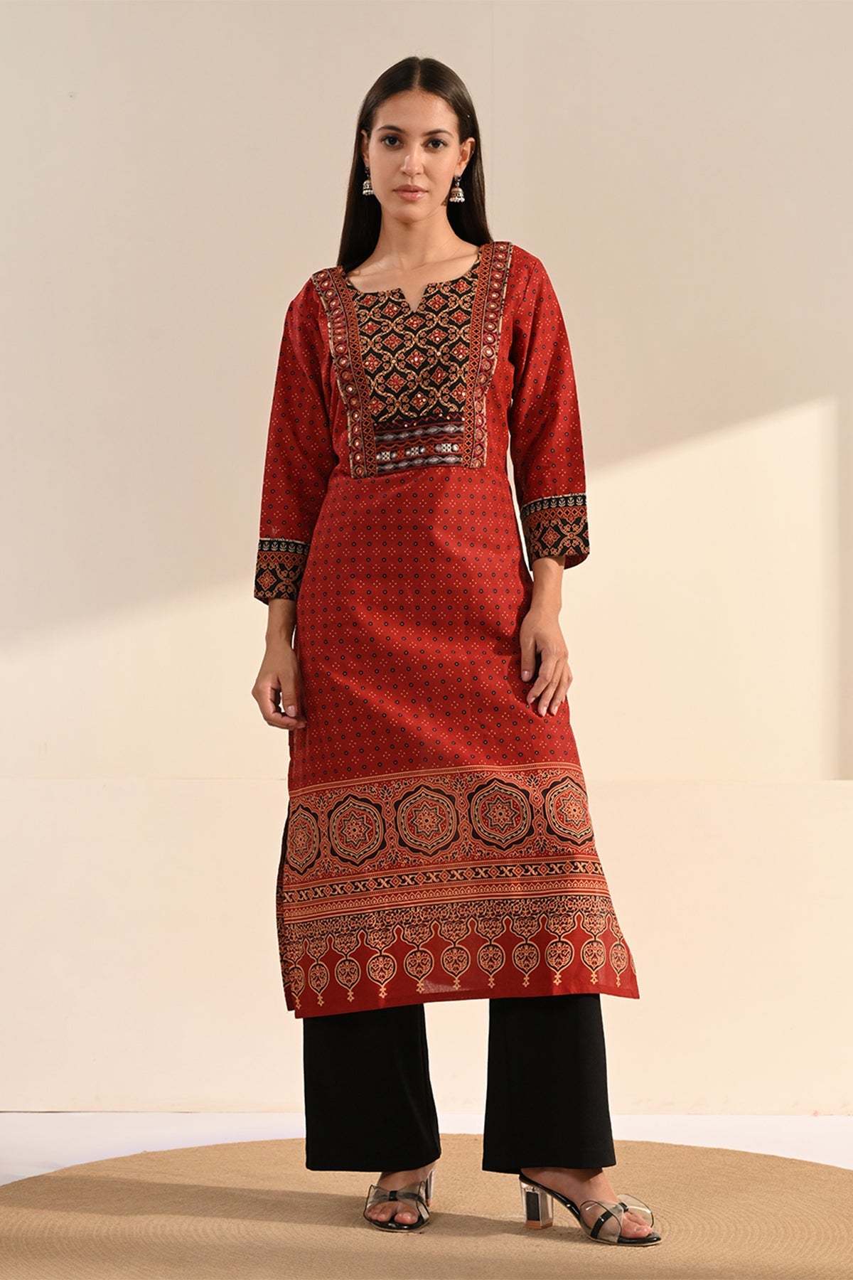 Rust Hand-Block Cotton Printed Kurta