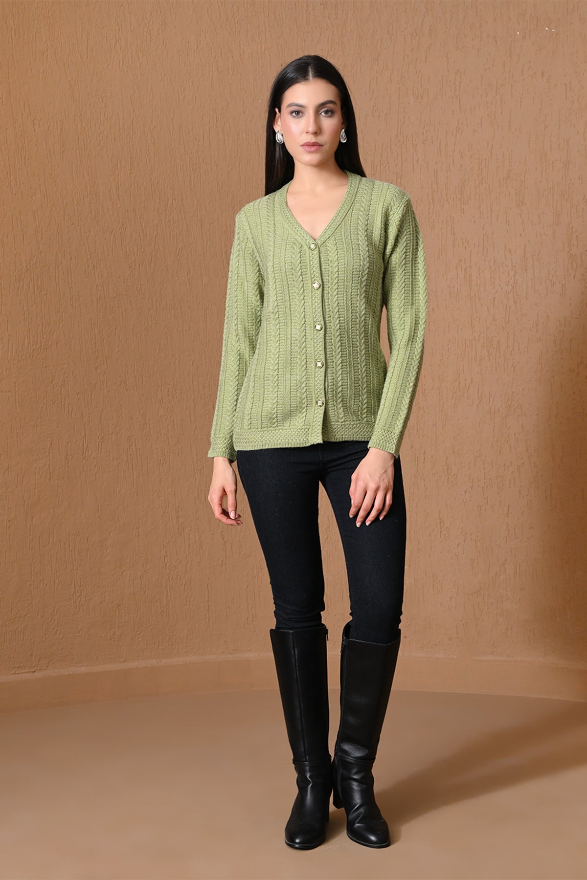 Winter Pista Green Cable Knitted Cardigan