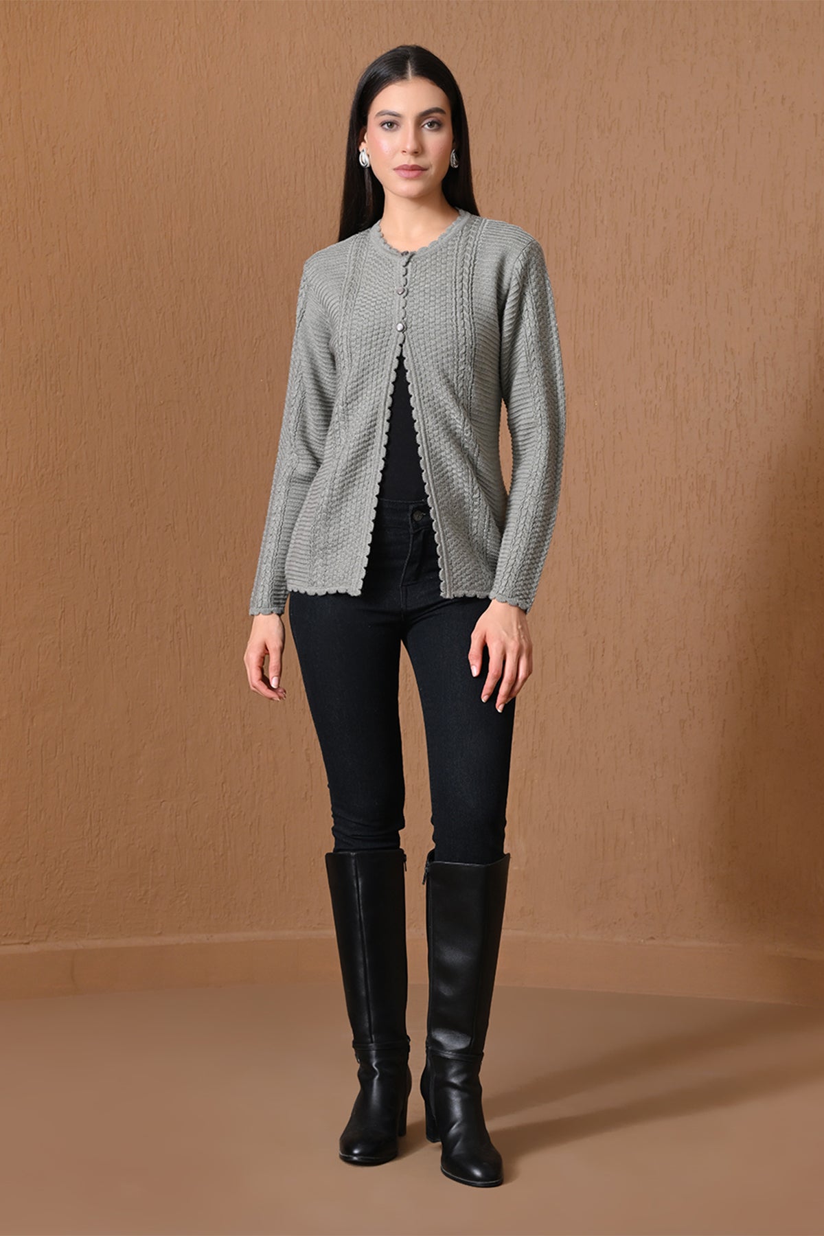 Winter Grey Scalloped-Trim Mixed Knitted Cardigan