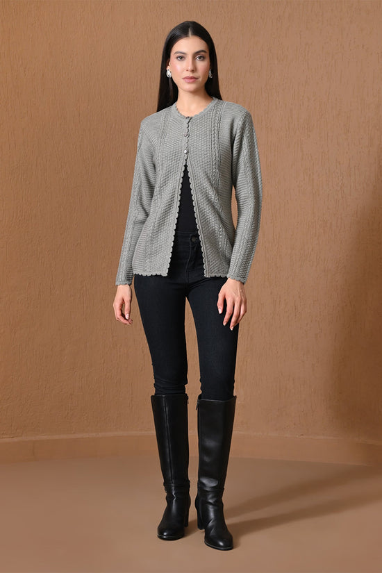 Winter Grey Scalloped-Trim Mixed Knitted Cardigan