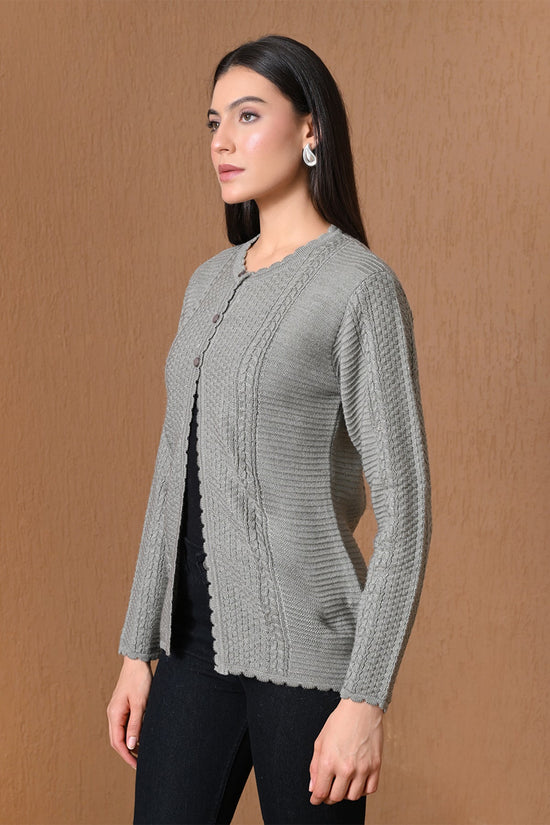 Winter Grey Scalloped-Trim Mixed Knitted Cardigan