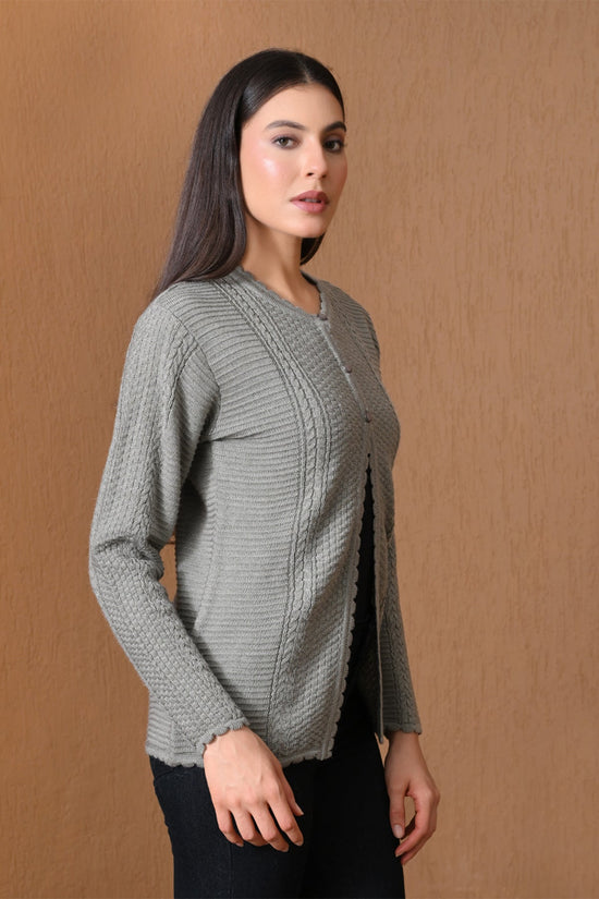 Winter Grey Scalloped-Trim Mixed Knitted Cardigan