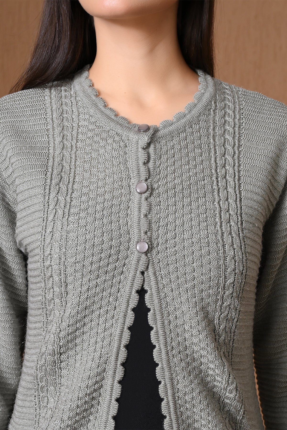 Winter Grey Scalloped-Trim Mixed Knitted Cardigan