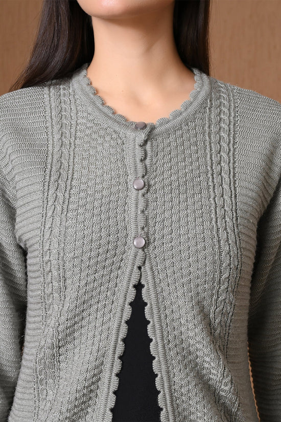 Winter Grey Scalloped-Trim Mixed Knitted Cardigan