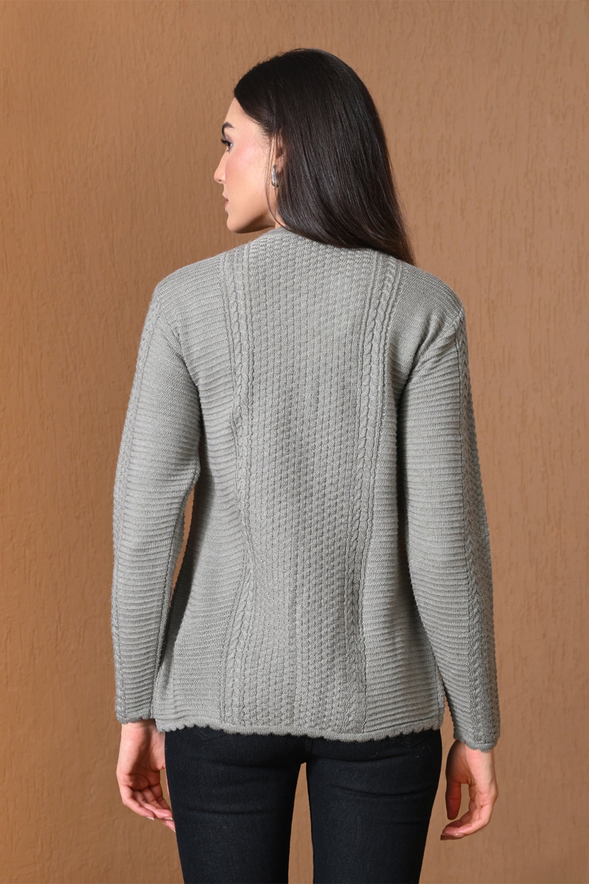 Winter Grey Scalloped-Trim Mixed Knitted Cardigan