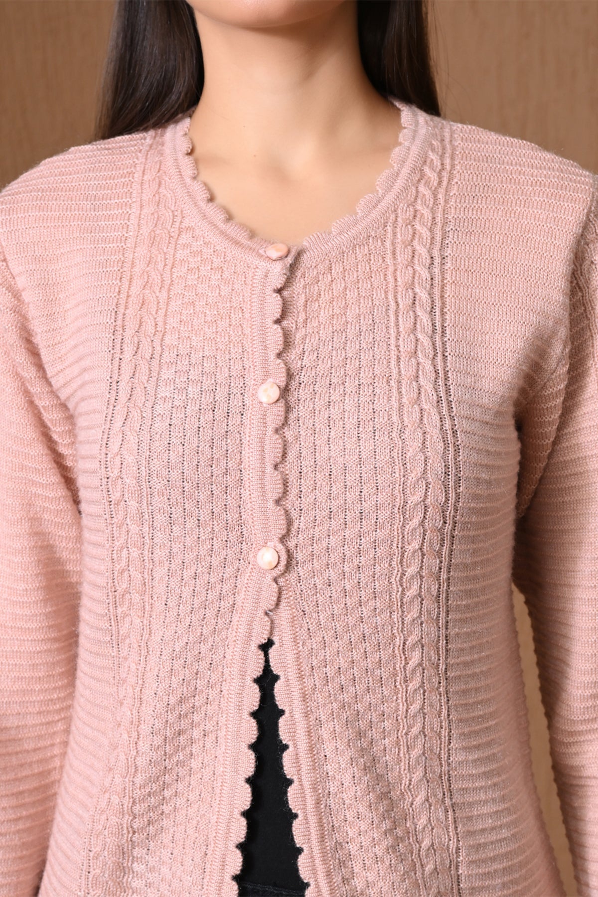 Winter Light Pink Scalloped-Trim Knitted Cardigan