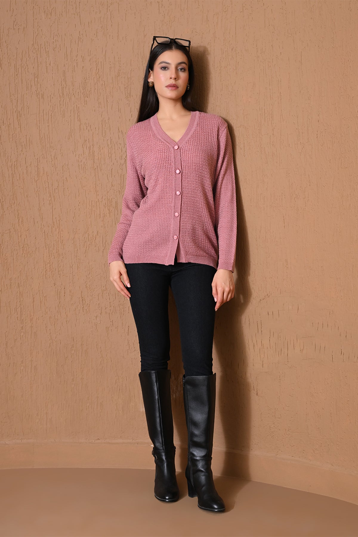 Winter Pink Waffle Knitted Cardigan