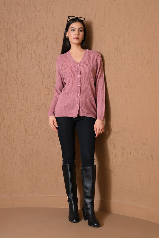 Winter Pink Waffle Knitted Cardigan