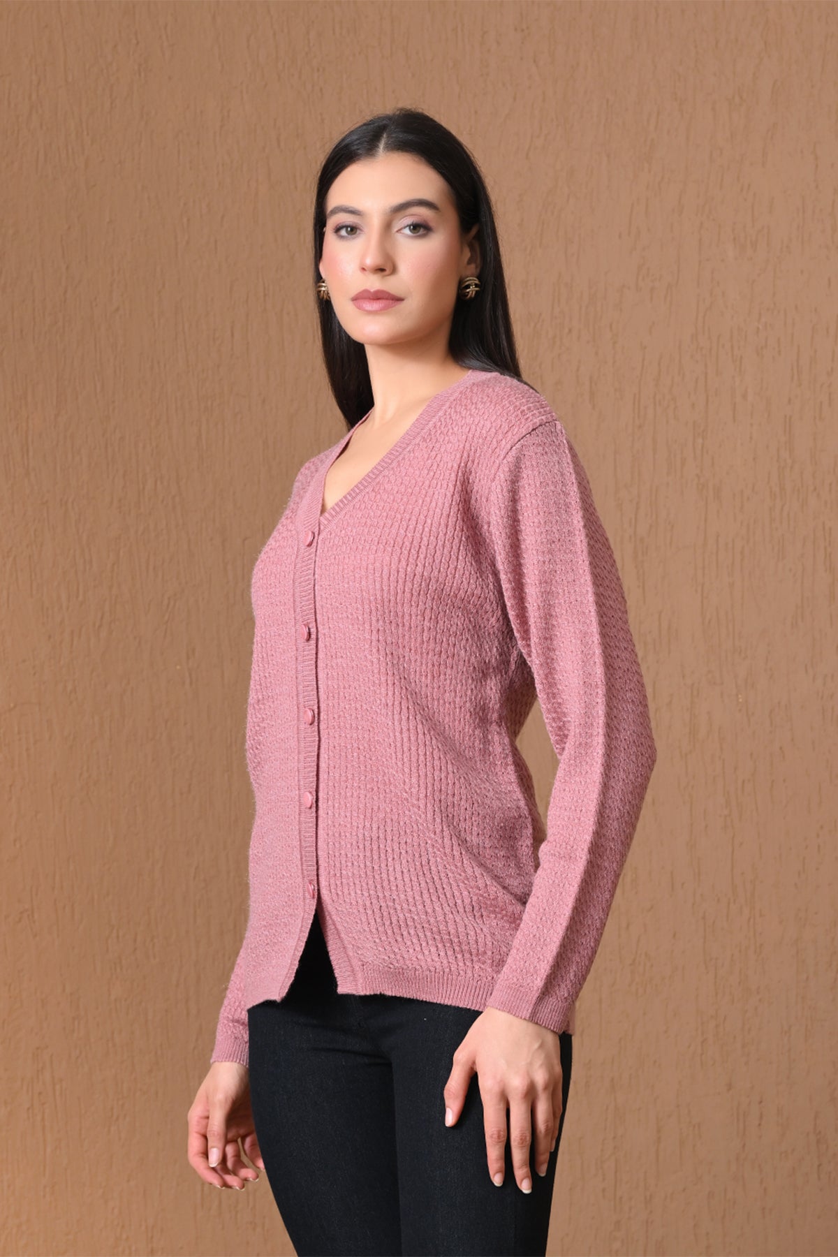 Winter Pink Waffle Knitted Cardigan
