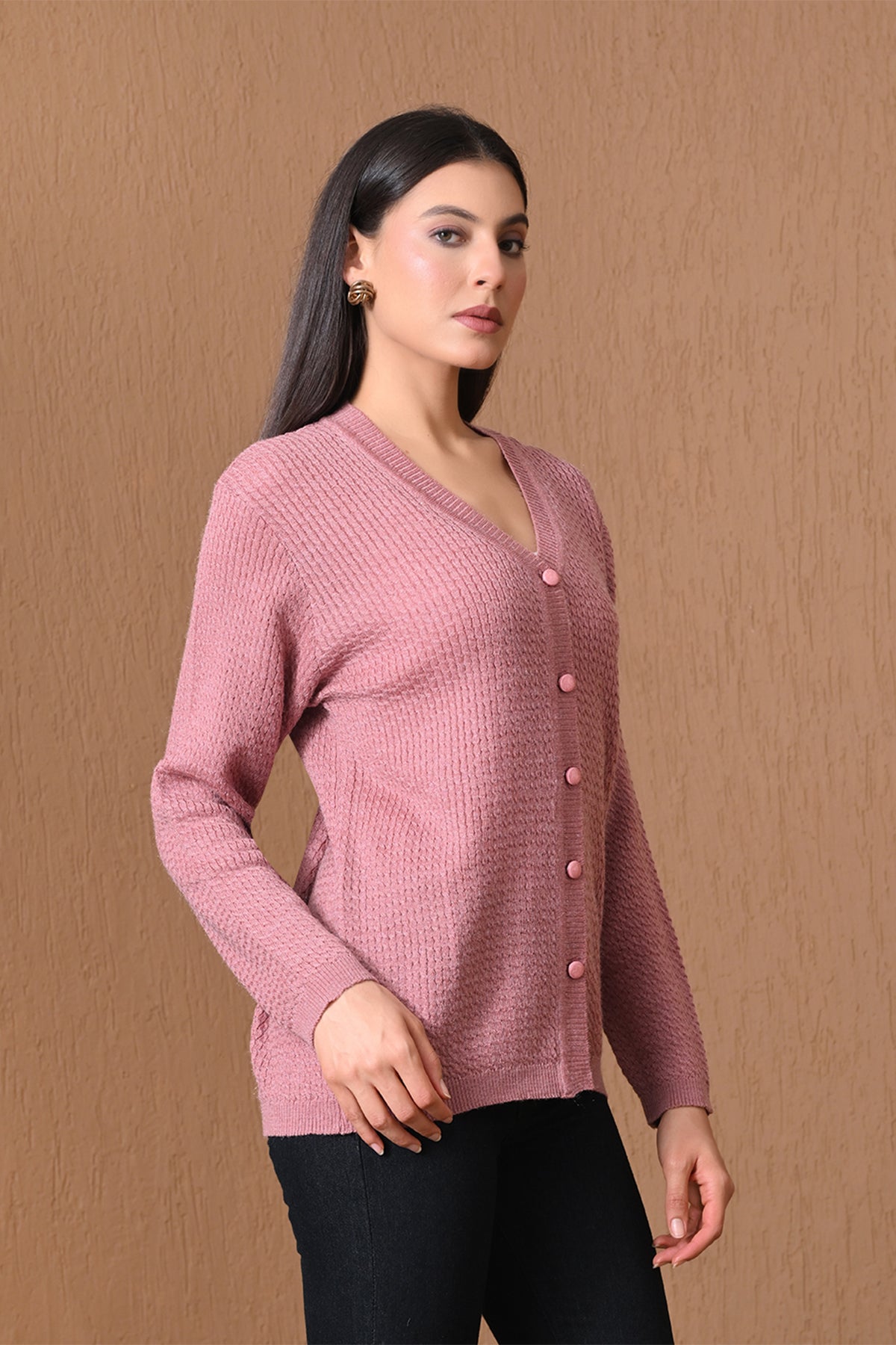 Winter Pink Waffle Knitted Cardigan