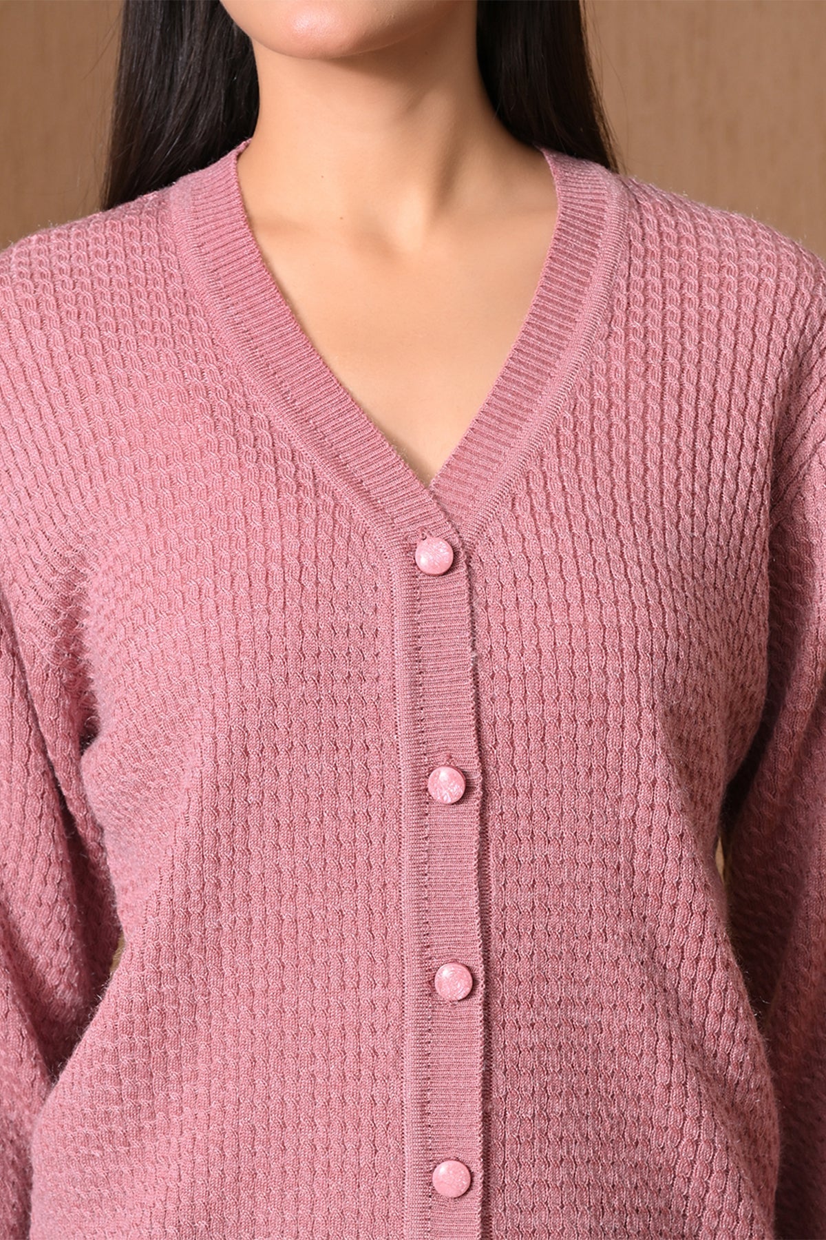 Winter Pink Waffle Knitted Cardigan