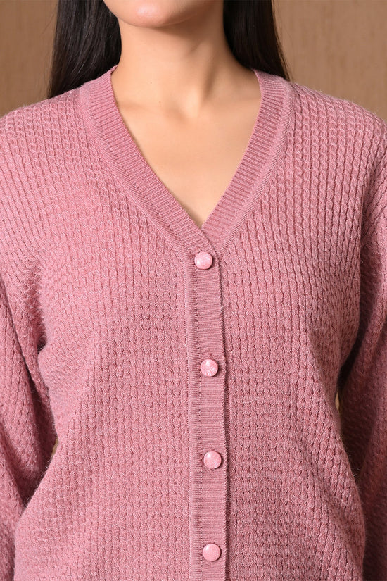 Winter Pink Waffle Knitted Cardigan