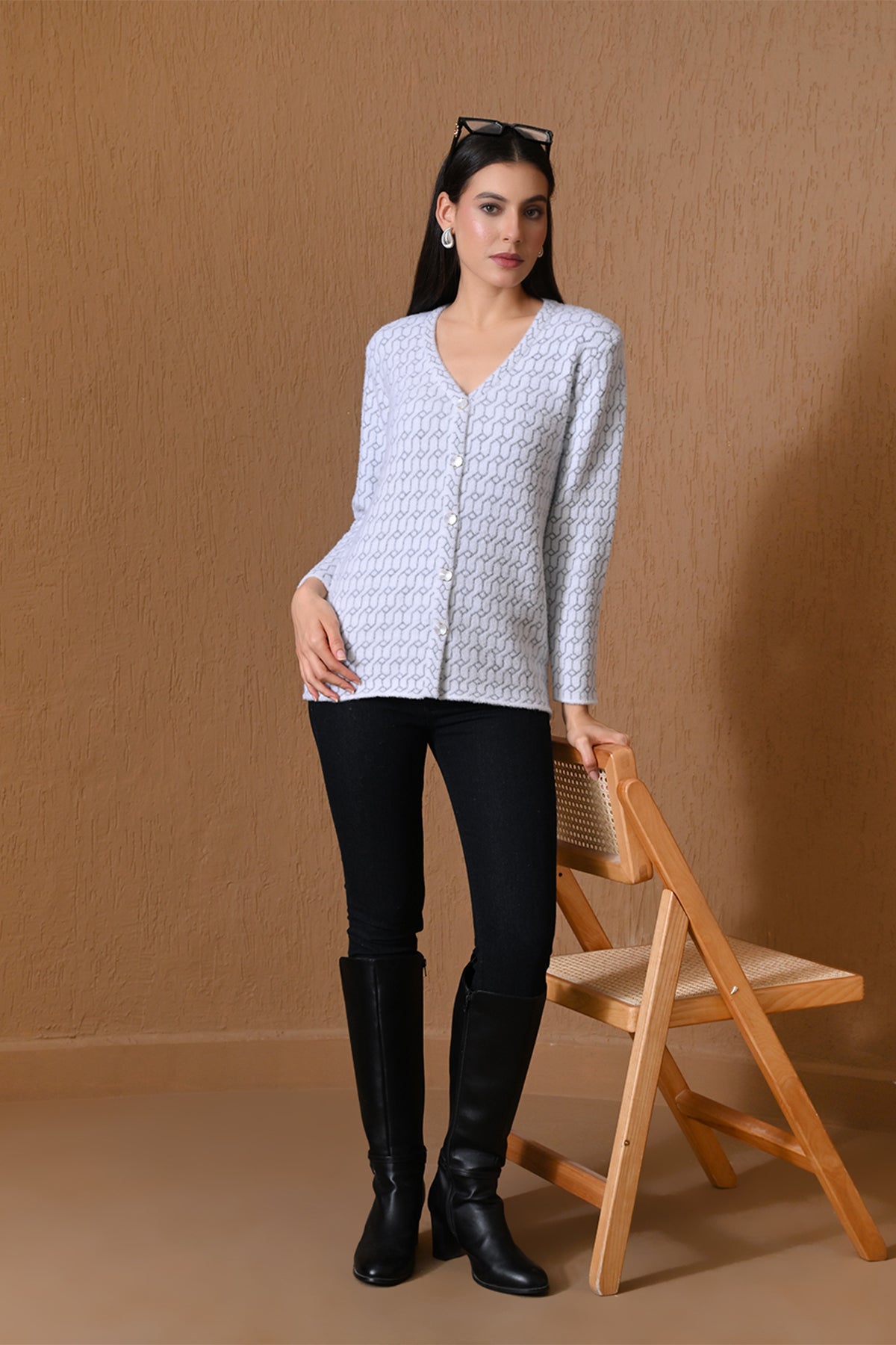 Winter White Geometric Pattern Cardigan