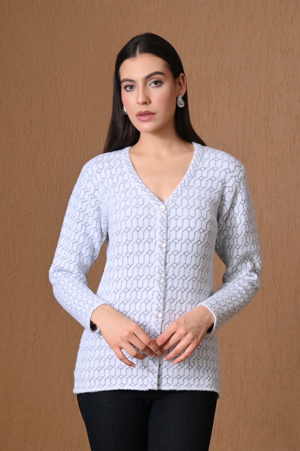 Winter White Geometric Pattern Cardigan