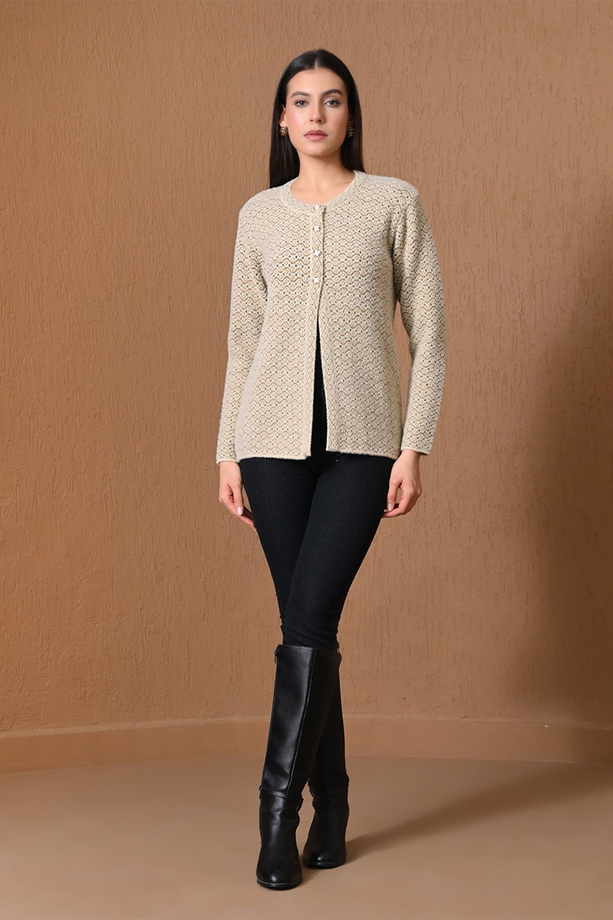 Winter Beige Textured Wave Knitted Cardigan