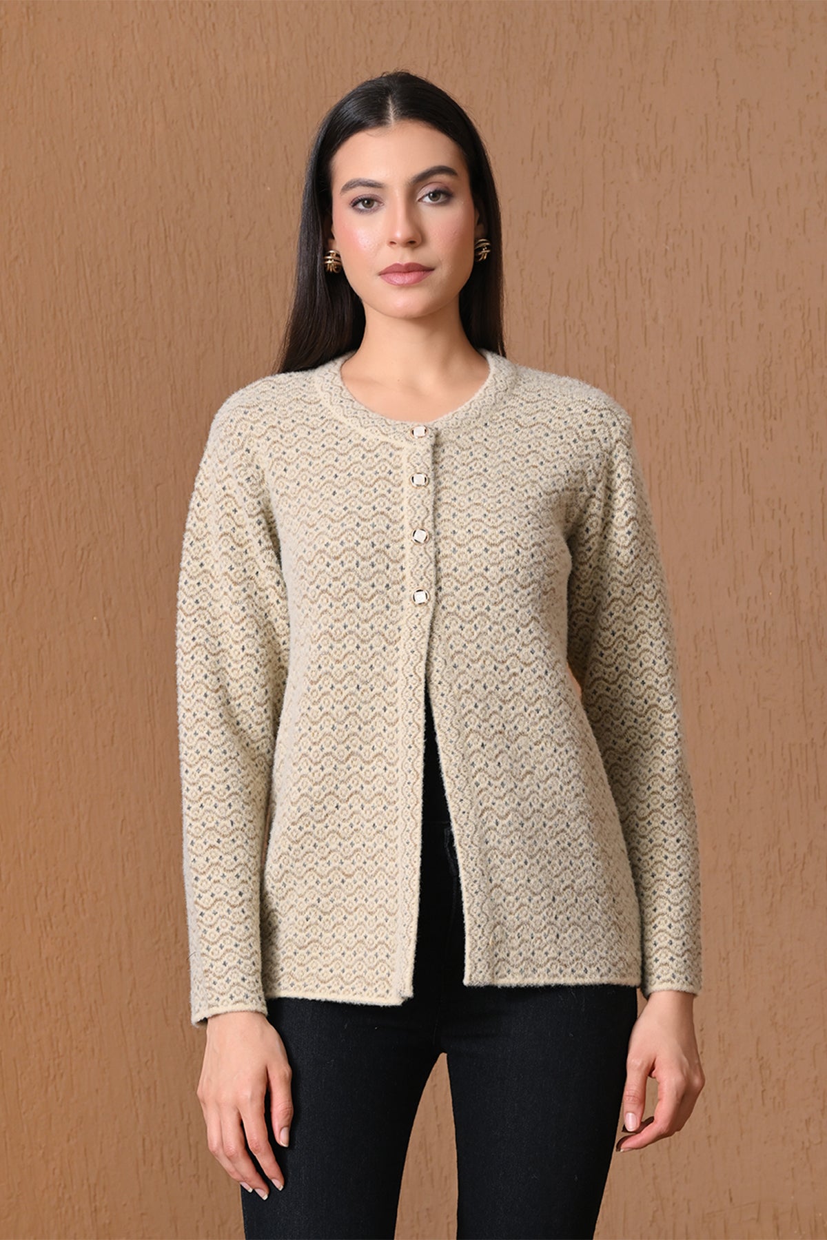 Winter Beige Textured Wave Knitted Cardigan