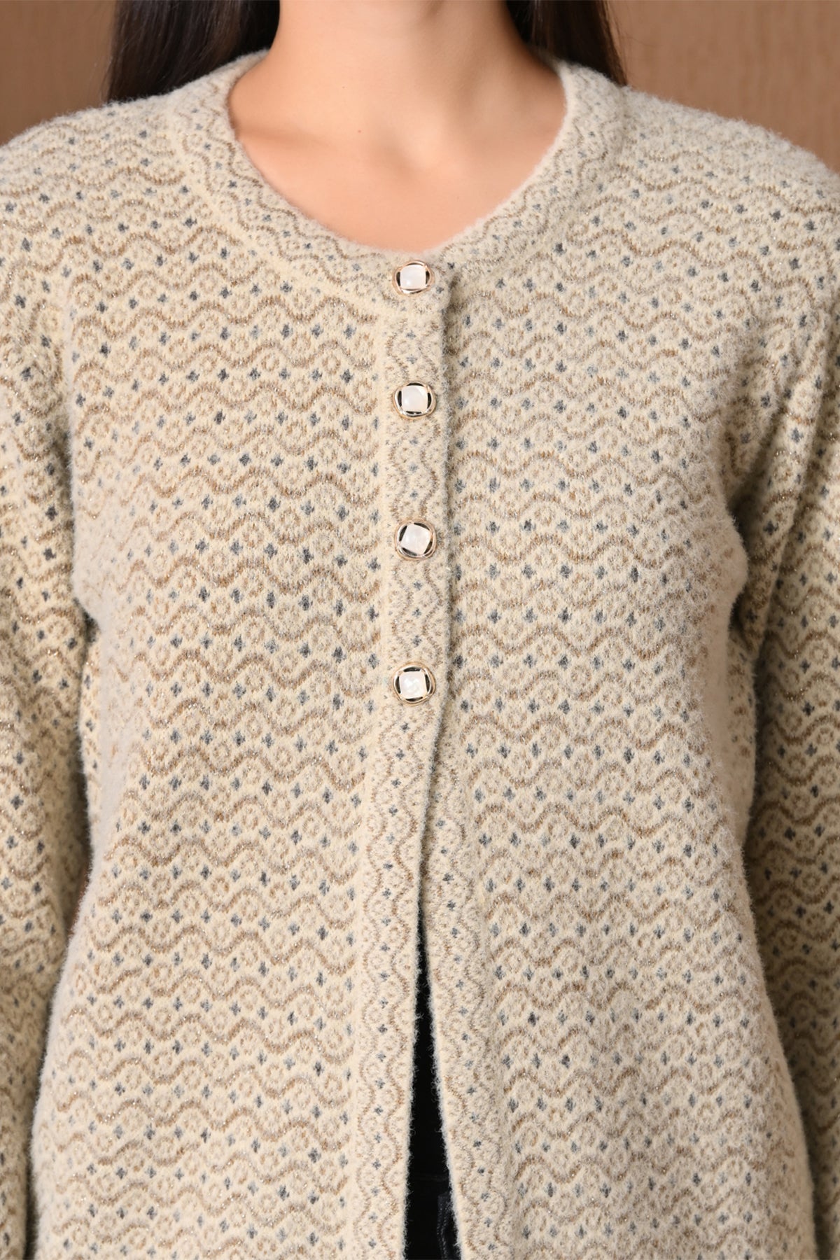 Winter Beige Textured Wave Knitted Cardigan