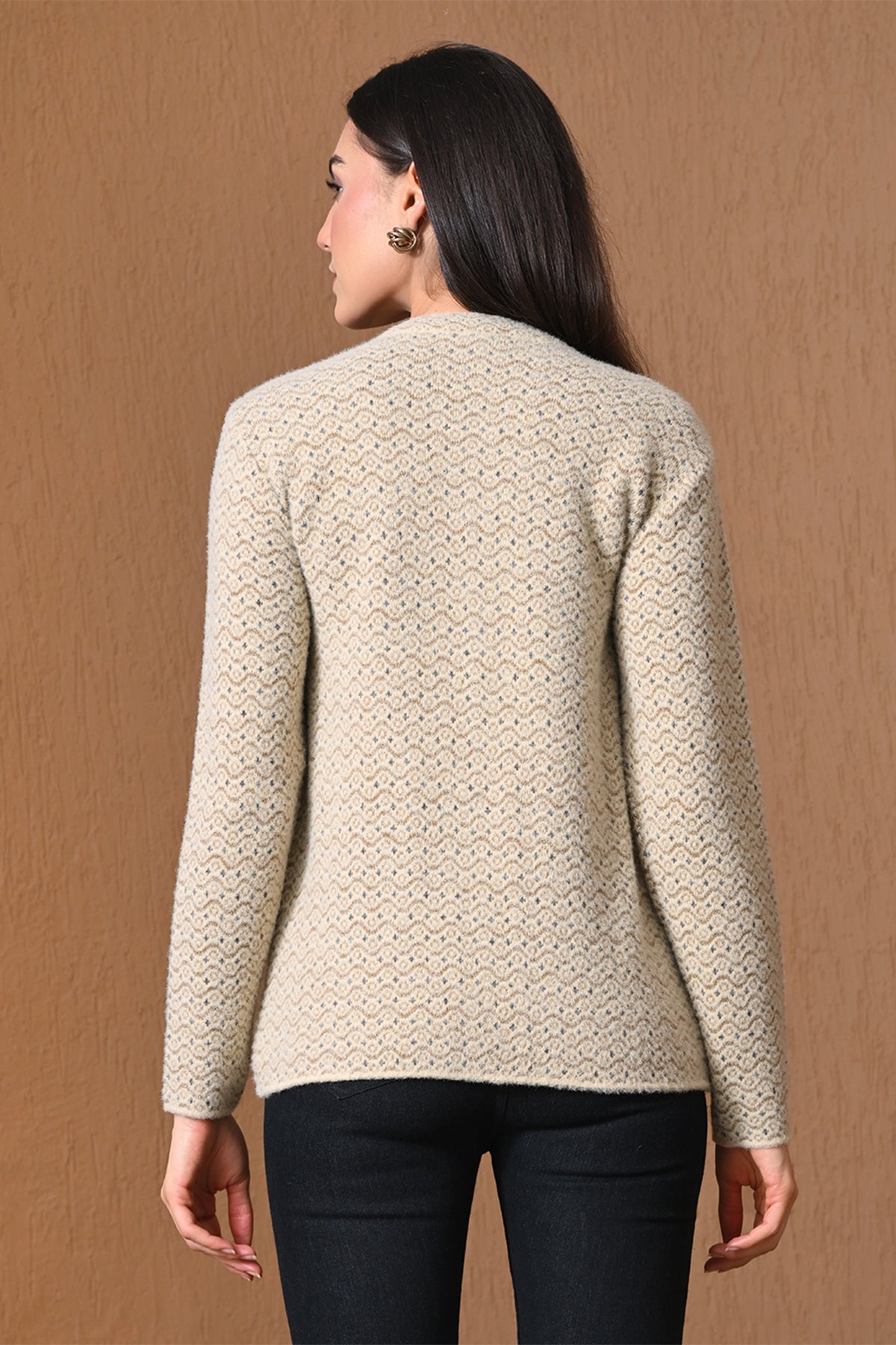 Winter Beige Textured Wave Knitted Cardigan