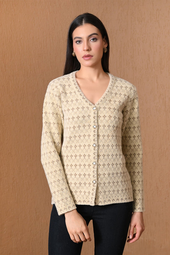 Winter Cream Diamond-Knitted Cardigan