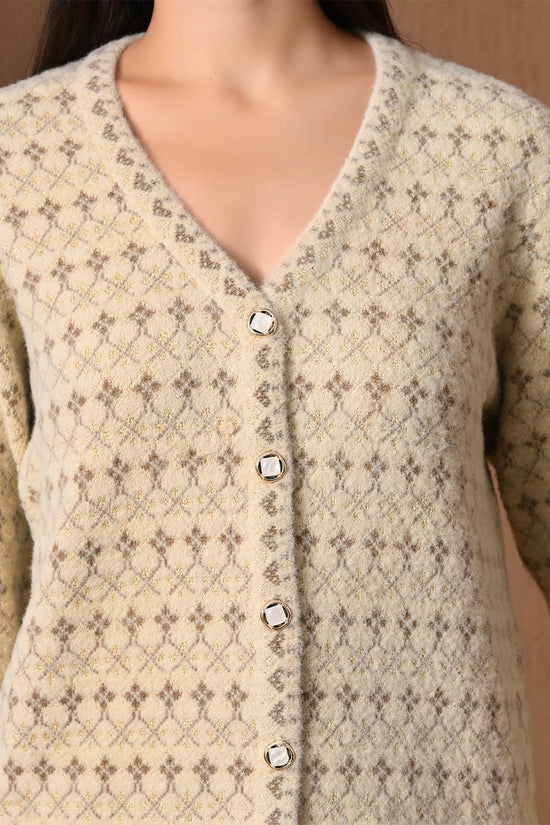 Winter Cream Diamond-Knitted Cardigan