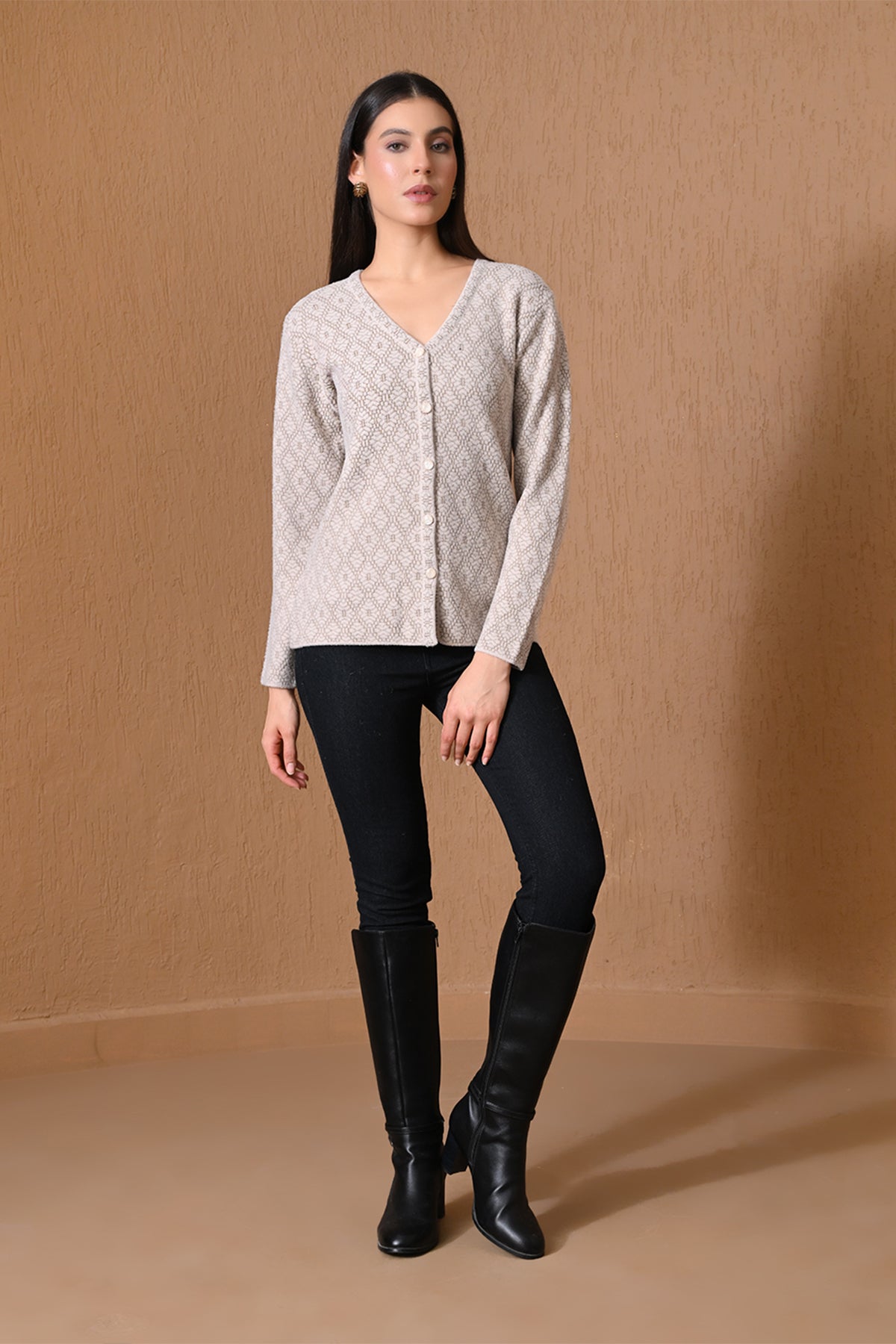 Winter Beige Intricate Knitted Cardigan