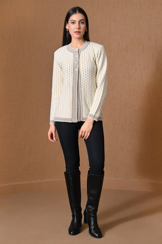 Winter Cream Embroidered Knitted Cardigan